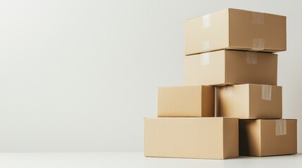 Fototapeta premium Several cardboard boxes of uniform size, stacked neatly with taped seals, placed on a plain white background, emphasizing shipping efficiency.