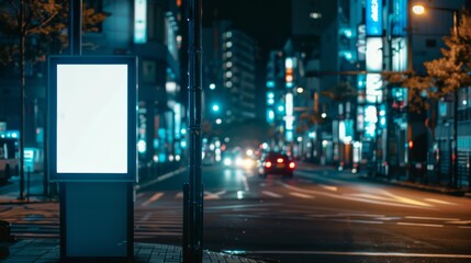 Obraz premium A brightly lit city street at night, with glowing signs and headlights creating a vibrant urban landscape.