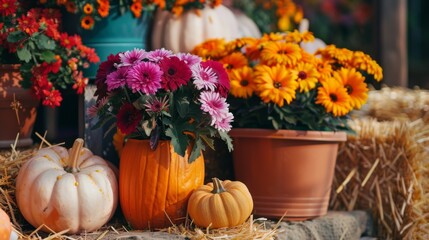 Vibrant chrysanthemums in shades of pink and yellow pot along with pumpkins, set against a rustic backdrop of straw bales and autumn florals.