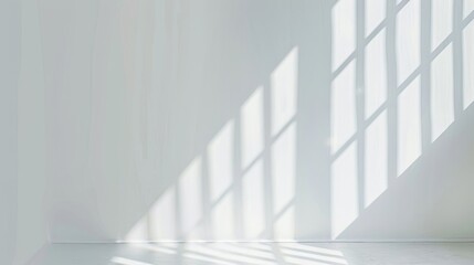Soft sunlight streams through window panes, casting intricate shadows on a minimalistic white wall, creating a serene and airy atmosphere.