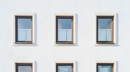 A minimalist building facade featuring three modern, rectangular windows aligned in symmetry, casting subtle shadows.
