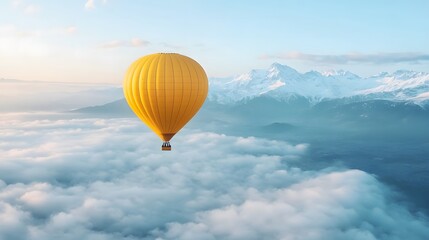Yellow Hot Air Balloon Floating Above Mountains at Sunrise