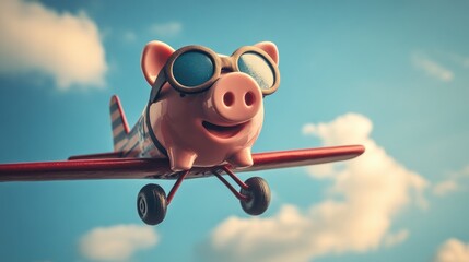 Piggy bank flying a plane, complete with pilot glasses, soaring high against a blue sky backdrop, capturing the journey to financial success.