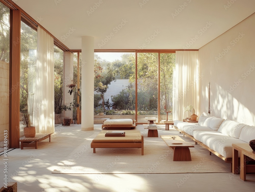 Wall mural a living room with a white couch and a brown coffee table. there are two potted plants in the room