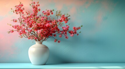 Beautiful Pink Blossoms in a White Vase Against a Soft Pastel Background