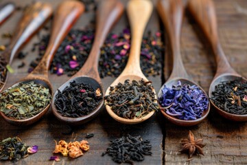 Tea Life. Assortment of Dry Tea in Spoons on Wooden Background. Black Tea for Aromatic Breakfast