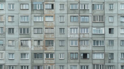 Facade of a Grey Multi-storey Panel building in Russia, Soviet architecture houses