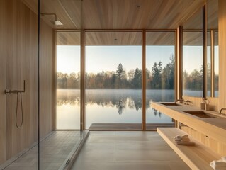 A bathroom with a shower and a sink. The sink is on the right side of the bathroom