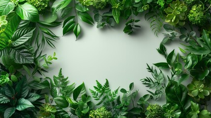 Fototapeta premium Lush Green Foliage Frame with Various Tropical Leaves and Plants on Light Background