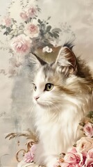 Portrait of a fluffy white cat with pink roses in a soft, vintage floral setting. Detailed illustration with delicate flowers and feline. Elegant concept for poster, greeting card, and print