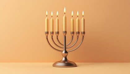 Elegant menorah with lit candles against a warm orange backdrop, perfect for festive celebrations and cultural events.