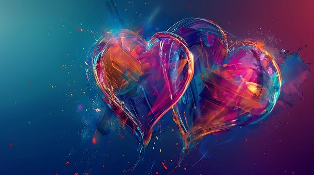 A modern, geometric illustration of two hearts intersecting, with bright, bold colors and sharp lines creating a dynamic representation of love. 8k UHD, suitable for high-quality printing or 