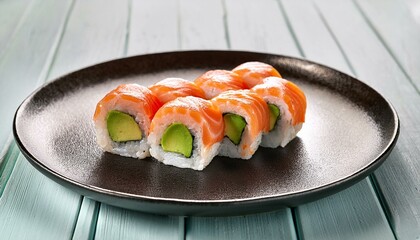Salmon and avocado sushi rolls on blue background