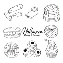 Collection of outline drawing Halloween season pastry an d dessert food illustration vector set2