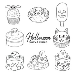 Collection of outline drawing Halloween season pastry an d dessert food illustration vector set3