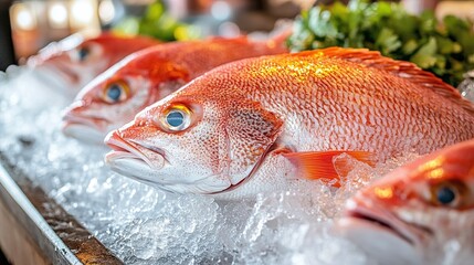 fresh red snapper fish on ice at a local seafood market, ready for sale with vibrant colors, chilled freshness, and a cold, raw display that captures the quality and appeal of fresh seafood