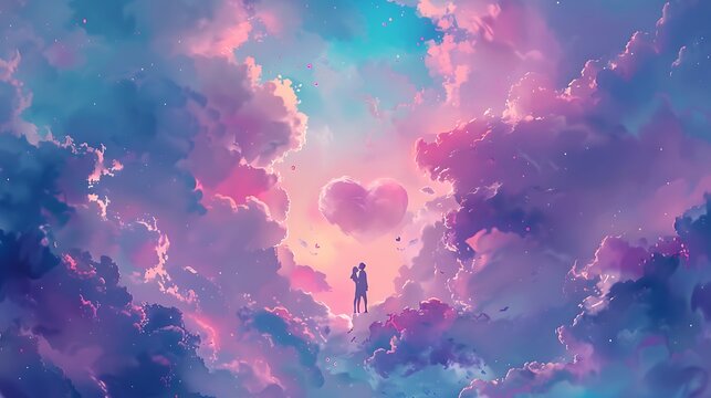 A whimsical illustration of a couple floating on heart-shaped clouds in the sky, surrounded by soft hues of pink, purple, and blue. 8k UHD, suitable for high-quality printing or digital display. 