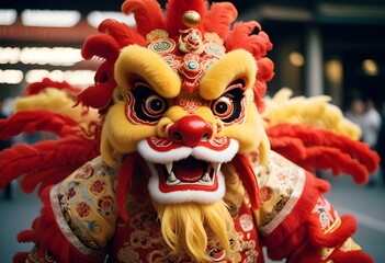A colorful Chinese lion dance costume with a red and gold headdress, large eyes, and intricate patterns
