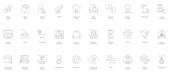 Fitness Tracking, Mental Health, Personal Finance, Weather, Smart Home, Music Streaming, Language Learning, Recipe and Cooking, Transportation, Travel and Booking, Health Monitoring mobile app icons