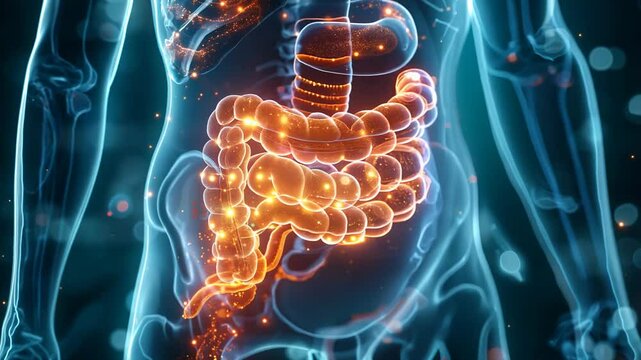 Visualization of Human Digestive System with Glowing Intestines and Abstract Background.