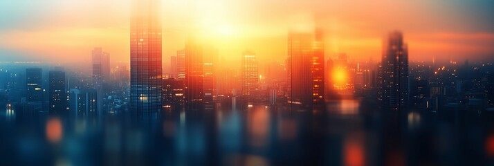 A blurred background of city skyscrapers at sunrise, with an abstract gradient of orange and blue colors