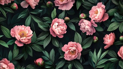 Fototapeta premium Pink peonies in full bloom, set against a dark background with lush green leaves, creating an elegant and romantic floral pattern.