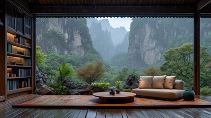 A Chinese style tea room in the mountains