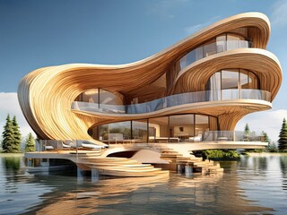 Fototapeta premium Ultra modern curved wooden residence 