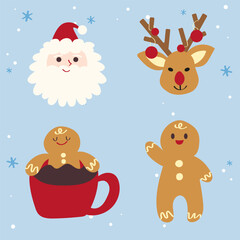 Hand-Drawn Christmas Holiday, New year illustration.Santa, snowman, gingerbread cookie, deer character.