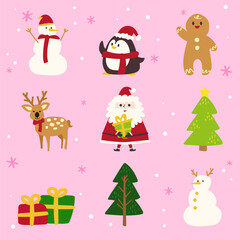 Hand-Drawn Christmas Holiday, New year illustration.Santa, snowman, gingerbread cookie, deer, Penguin character.