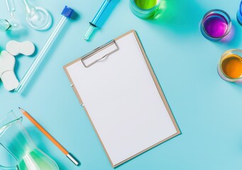 laboratory equipment, colorful liquids, clipboard, chemistry background, scientific research, vibrant colors, science tools, experiment setup, creative workspace