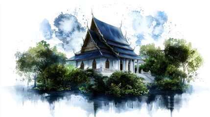 Naklejka premium Majestic Thai Temple Surrounded by Lush Greenery and Blooming Flowers in Watercolor Style