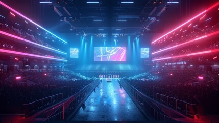 Fototapeta premium Vibrant E-Sports Event Arena with Neon Lights and Large Screens Showcasing Competitive Gaming in a Modern Stadium