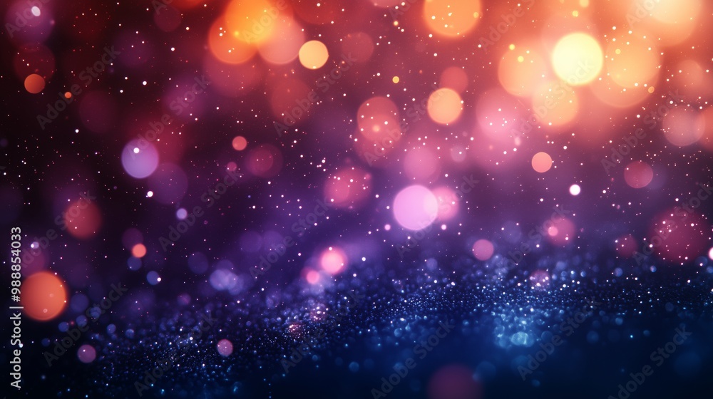 Poster blurred background with colorful bokeh lights and sparkling sparkles on a blue purple gradient backg