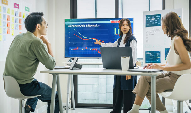 team of finance  get stress when analyzing economic crisis data and recession impacts during meeting in a office