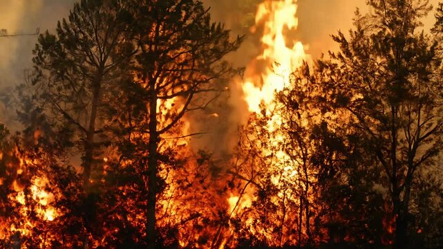 Intense Forest Fire Raging Through Trees with Thick Smoke at Sunset.