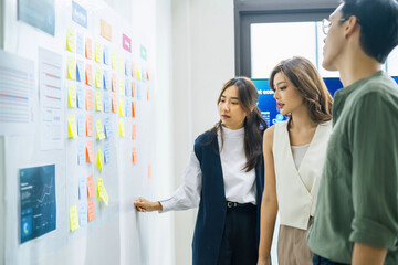 brainstorming session, using sticky notes on a task board (kanban) to organize ideas and workflow...