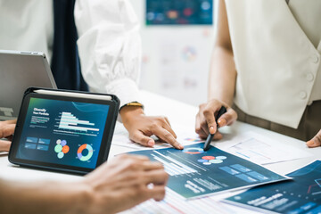 close up hand team of financial discussion fintech  technology planning, analyzing digital...