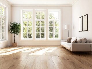 Fototapeta premium A spacious living room with a white couch and a potted plant. The couch is positioned in the center of the room, while the plant is placed on a side table