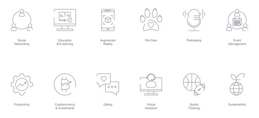 Social Networking, Education and E-Learning, Augmented Reality, Pet Care, Podcasting, Event Management, Productivity, Cryptocurrency and Investment, Dating, Virtual Assistant mobile app 