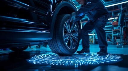 A technician is working on a car tire, surrounded by glowing blue technology effects in a modern automotive workshop.