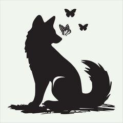 Fox with Flying Butterfly Silhouette Elegant Design Vector Illustration