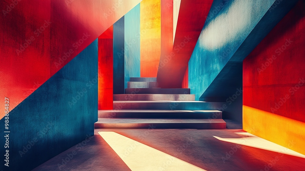 Poster abstract modern architecture with bold blue and red geometric shapes illuminated by sunlight and sha