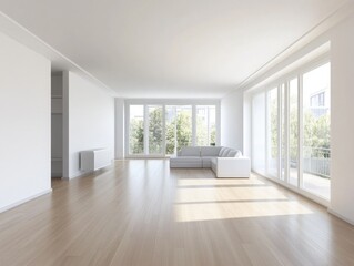 A large open living room with a white couch and a white wall. The room is very clean and has a lot of natural light