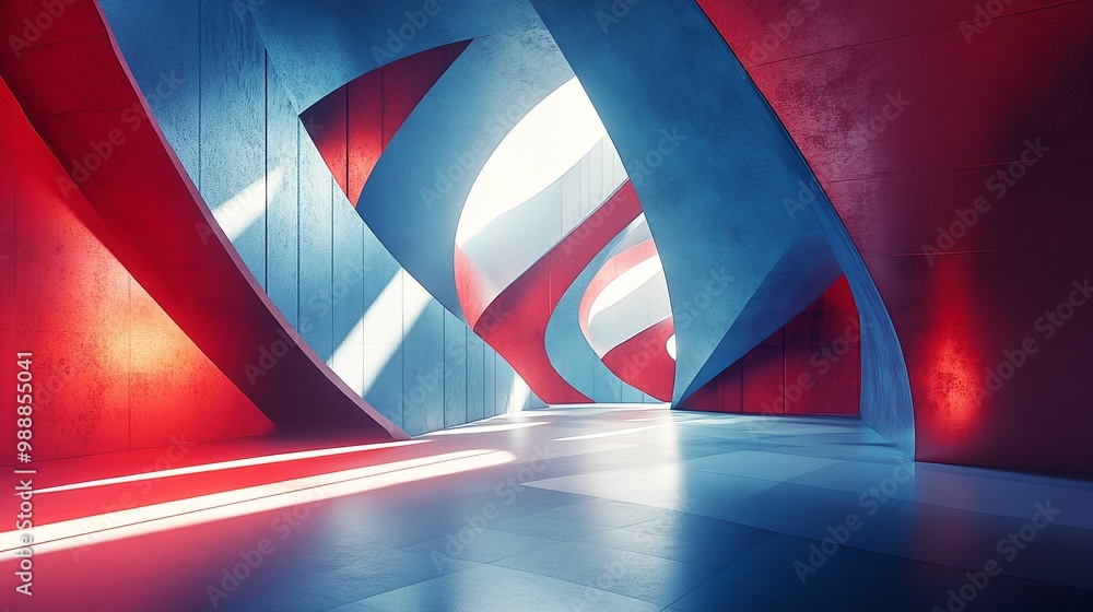 Poster abstract modern architecture with bold blue and red geometric shapes illuminated by sunlight and sha