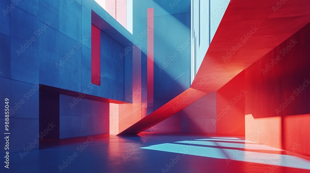 Poster abstract modern architecture with bold blue and red geometric shapes illuminated by sunlight and sha