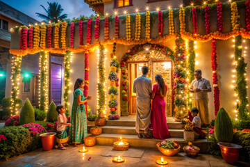 House decorated for Diwali. Indian Family Celebrating Diwali on Their Decorated yard. Hindu Festival of Lights. 