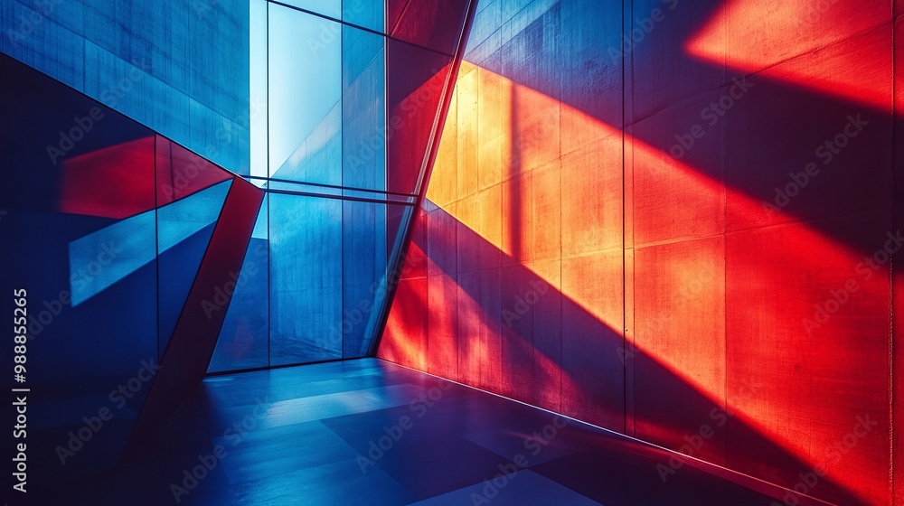 Aufkleber abstract modern architecture with bold blue and red geometric shapes illuminated by sunlight and sha