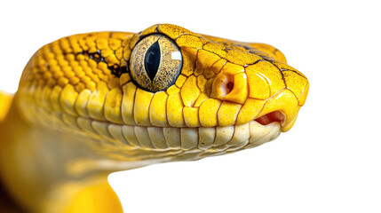 Obraz premium Close-up of a snake with a delicious orange dessert on a white plate