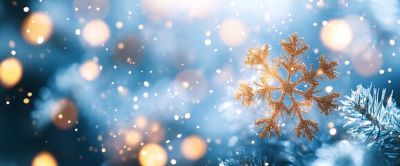 Fototapeta premium A snowy landscape with sparkling snowflakes and glowing lights during a tranquil winter evening
